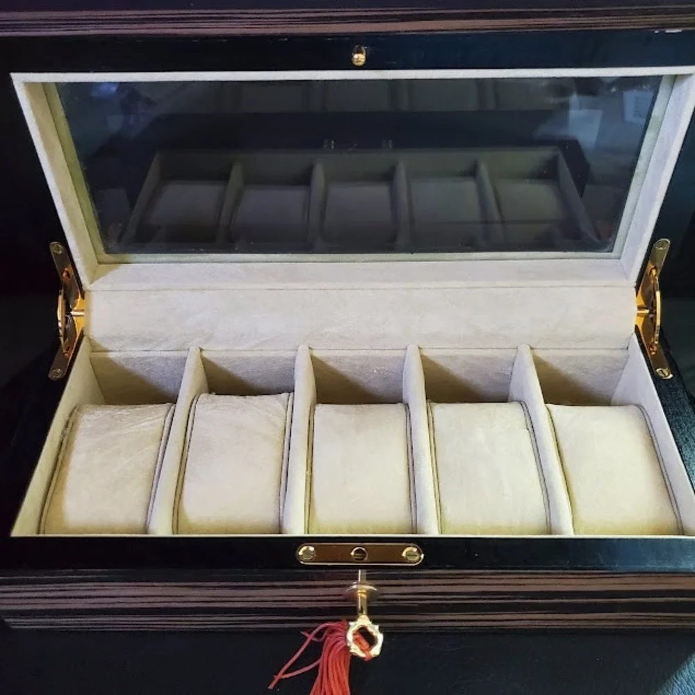 Zebrawood 5 Slot Watch Display Case Glass Top with Tassel Key Lock Organizer